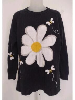 Rare Vintage Y2K Quacker Factory Daisy B Embroidered Black Sweater Sz M